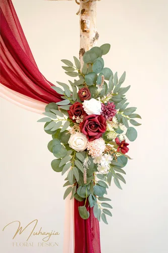 Vista 4 de Kit de flores artificiales de arco de boda Muhanjia (paquete de 4), 2 piezas de arco de flores artificiales, 2 piezas de cortinas de gasa
