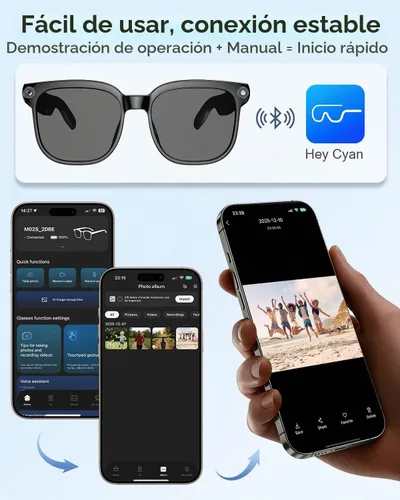 Vista 6 de CJkao Lentes inteligentes con cámara, música y llamadas Bluetooth, gafas de cámara HD de 800 W, grabación de video 1080P, control de asistente