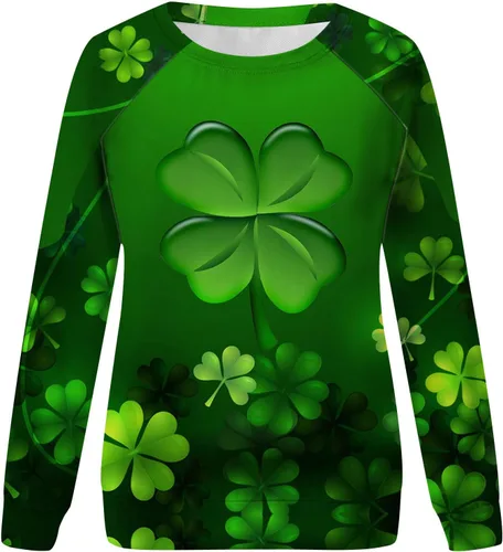 Vista 4 de Sudaderas del día de San Patricio para mujer, diseño de trébol irlandés, para festividades, manga larga, talla grande, blusa casual