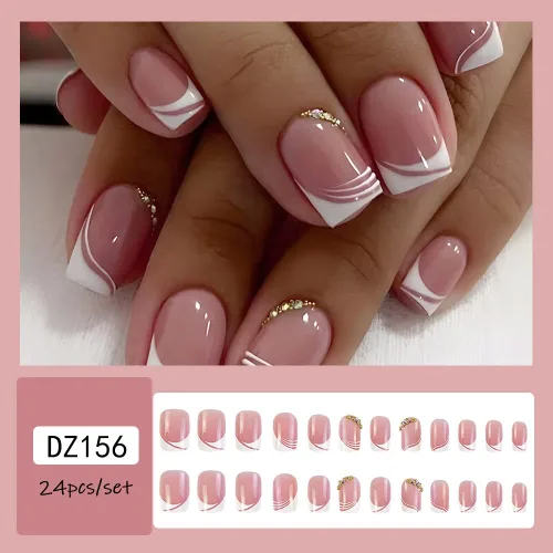 Vista 2 de LPOODDNU Uñas postizas cortas de punta francesa a presión, uñas postizas cuadradas, uñas acrílicas rosas con diamantes de imitación, puntas de uñas