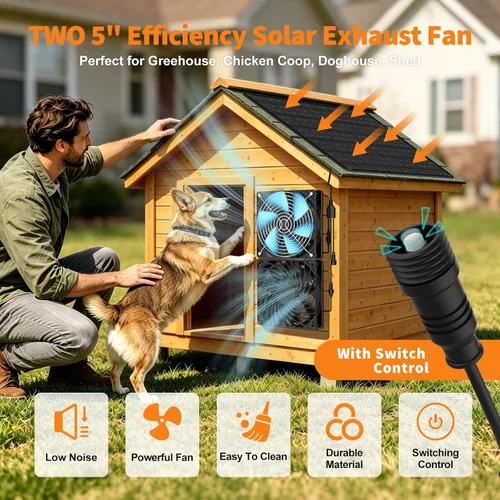 Vista 11 de Ventilador solar – Ventilador de ventilación de entrada y escape de alta velocidad dual para casa de perro, gallinero e invernadero, panel solar