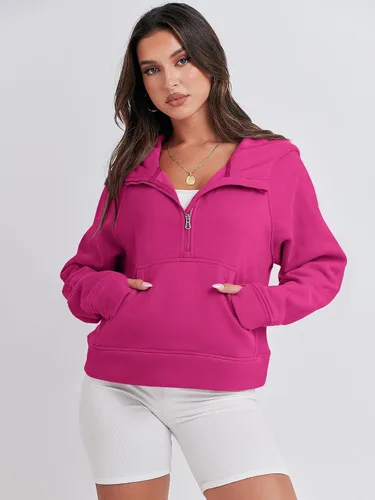 Vista 3 de ANRABESS Sudaderas con capucha corta con media cremallera para mujer, sudadera de forro polar con cremallera de un cuarto, ropa de invierno 2023