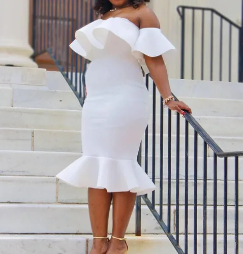 Vista 5 de Vestido de maternidad con volantes y hombros descubiertos para baby shower, manga corta, vestido de embarazo formal de sirena para mujer