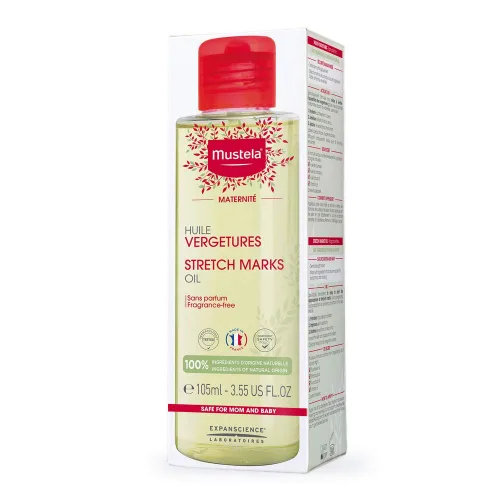 Vista 2 de Mustela Aceite de estrías de maternidad con aceite natural de aguacate, maracuja y girasol, verificado por EWG, vegano y sin fragancia, 3.55 onzas