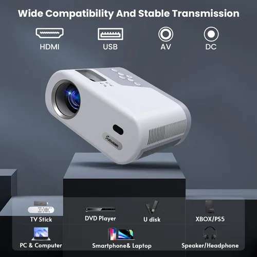 Vista 7 de Mini proyector, proyector con WiFi y Bluetooth, proyector portátil de soporte 1080P, altavoz integrado, compatible con teléfono
