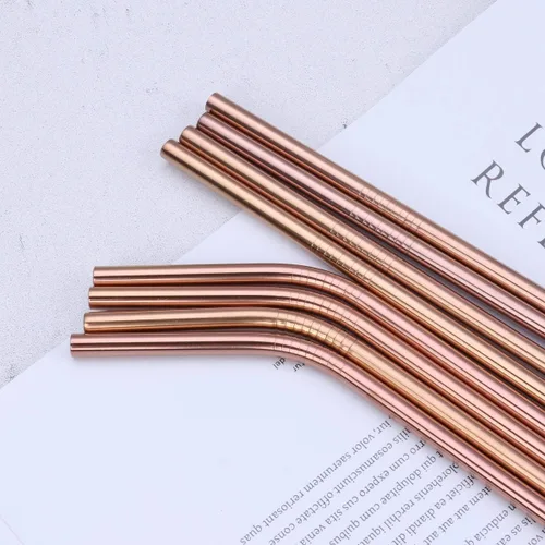 Vista 6 de 18 popotes de acero inoxidable de cobre, popotes reutilizables de oro rosa de 8.5 pulgadas, con bolsa portátil (8 rectos/8 doblados/2 cepillos)