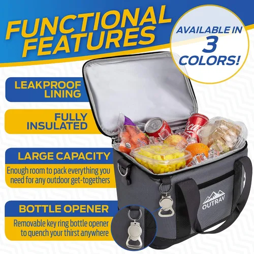 Vista 2 de Bolsa térmica plegable aislada – Bolsa térmica de almuerzo de 6 litros con abridor de botellas, capacidad para 16 latas, perfecta para camping