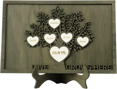 Vista 23 de Árbol genealógico con etiqueta de corazón, placas de madera grabadas personalizadas, regalos personalizados para madres, padres, escritorio, nombres