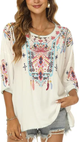 Vista 2 de Higustar Blusas bordadas mexicanas para mujer, estilo bohemio, estilo bohemio, tallas grandes, ropa campesina, blusas