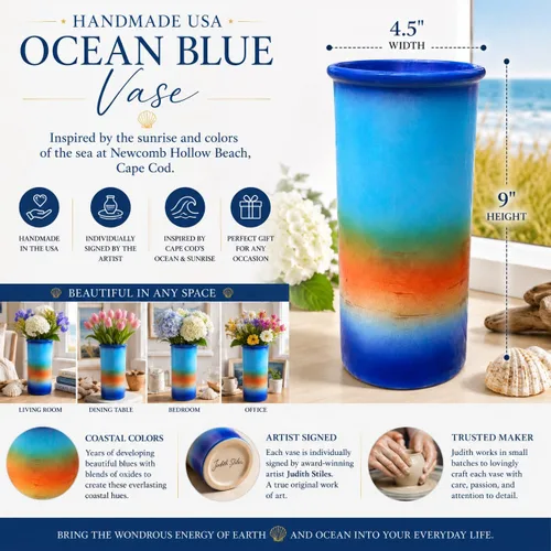 Vista 2 de Handmade USA Ocean Blue VASE - 9" H x 4.5" W Perfect Pottery Wedding Gift Individually Signed by Award-Winning Artist Judith Stiles in Cape Cod