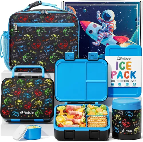 Vista 13 de Fimibuke Lonchera Bento de 32 onzas para niños con termo de 12 onzas, bolsa de almuerzo aislada y bolsa de hielo, contenedor de comida de 3