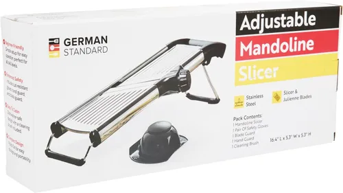 Vista 19 de Restaurantware Rebanadora de mandolina ajustable de acero inoxidable, cortador de verduras estándar alemán con protector de cuchilla, guantes