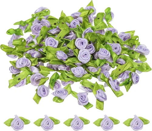 Vista 7 de PATIKIL Mini rosas de cinta, 100 unidades, pequeñas flores de tela de satén con adornos de hojas verdes, rosetas para manualidades, costura, boda