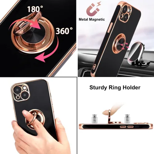 Vista 3 de Funda diseñada para iPhone 13, soporte de anillo giratorio de 360° integrado, soporte magnético, silicona suave, cubierta protectora ultra delgada