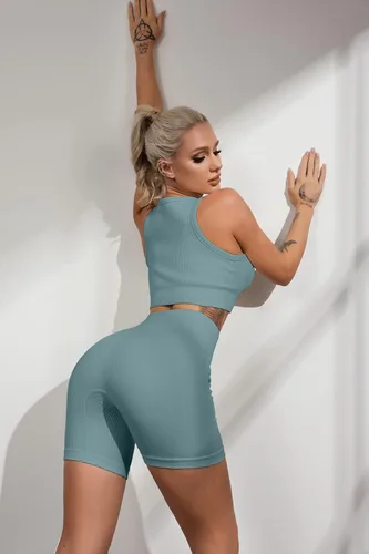 Vista 6 de QINSEN Conjuntos de entrenamiento sin costuras para mujer, brasier deportivo acanalado de cintura alta, pantalones cortos para correr, gimnasio