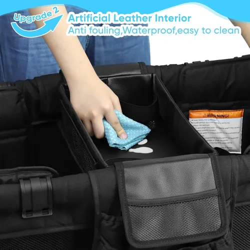 Vista 4 de Bandeja de aperitivos para cochecito con soportes para botellas anticaídas para Wonderfold Wagon, interior de piel sintética impermeable, fácil
