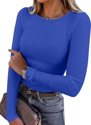Vista 11 de ANRABESS - Camisetas de manga larga para mujer, de punto acanalado, ajustadas, básicas, 2025, informales, para usar a capas o debajo del uniforme