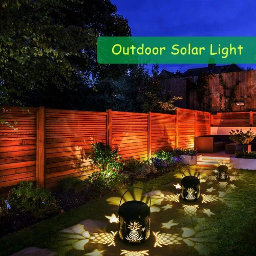 Vista 5 de Lixada Iluminación al aire libre LED alimentado por energía solar luz de césped ahuecado diseño de piña colgante lámpara de decoración de paisaje