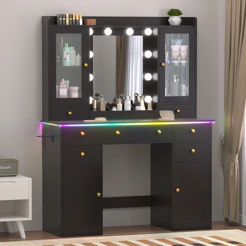 Vista 12 de Escritorio de maquillaje con espejo y luces, tocador negro de 43 pulgadas con parte superior de cristal, almacenamiento de joyas, 3 cajones