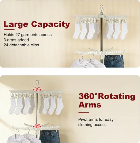 Vista 3 de Estante de secado de ropa, 68.9 pulgadas, 2 niveles, plegable, con 3 brazos giratorios para perchas y clips, de acero inoxidable, para interiores