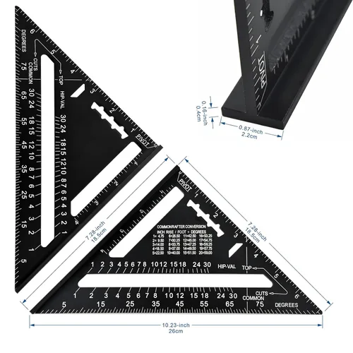 Vista 2 de FEIRONG Herramientas de Escuadra de Carpintero 3 en 1, Regla Triangular de 7 Pulgadas, Regla en Forma de L de 10 Pulgadas y Lápiz de Carpintero