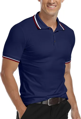 Vista 4 de MLANM Men's Polo Regular-Fit Quick-Dry Golf Striped Short Sleeve Collared T-Shirts