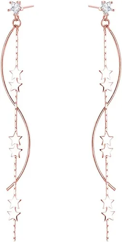 Vista 8 de SLUYNZ Aretes colgantes de plata de ley con forma de estrella para mujeres y adolescentes, aretes largos con cadena y borla curvada A-Plata