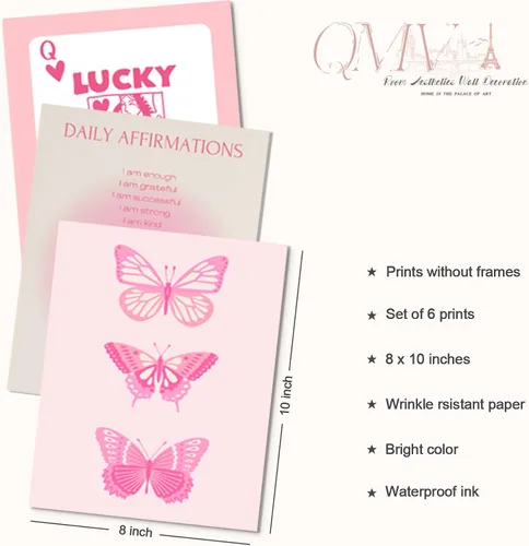 Vista 6 de QMV 6 piezas de arte de pared rosa preppy de póquer Halo Digital Room Póster estético mariposa sonriente y2k retro moda estilo universitario