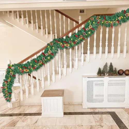 Vista 7 de GUOOU Guirnalda de Navidad Iluminada de 9 Pies (2.7 m), Guirnalda de Navidad a Pilas con Luces, Corona Guirnalda Preencendida para Decoraciones