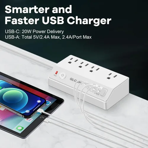 Vista 9 de Regleta de alimentación USB C 20 W PD – Protector de sobretensiones extraíble con 4 tomacorrientes 4 puertos USB – Enchufe multitoma de corriente