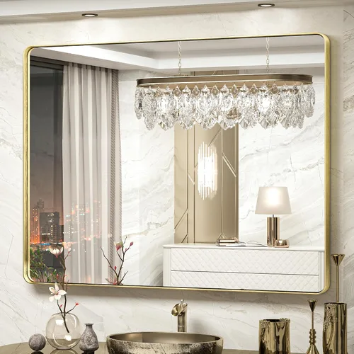 Vista 32 de TokeShimi Espejo de pared de baño de níquel cepillado de 20 x 30 pulgadas, marco de metal, esquina redonda, rectangular, para decoración del hogar