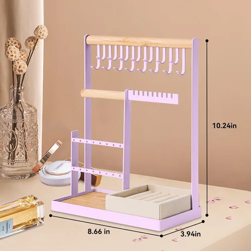 Vista 7 de Soporte organizador de joyas con soporte de terciopelo para anillos, organizador de joyas de 4 niveles con 15 ganchos, organizador de collares