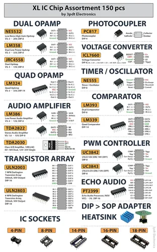 Vista 3 de Surtido de chips CI XL, 150 piezas, amplificador, oscilador, pwm, PC817, NE555, LM358, LM324, JRC4558, LM393, LM339, NE5532, LM386, TDA2030