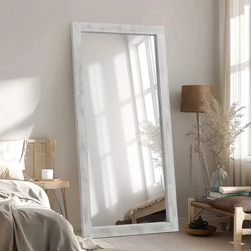 Vista 11 de MELOMOIR Espejo rústico de madera maciza de cuerpo completo, 64 x 21 pulgadas, color marrón carbón Solid Wood Frame, Shatterproof Tempered Glass