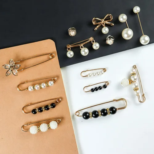 Vista 3 de 36 Pcs Pearl Brooch Pins Sweater Shawl Clip Neckline Safety Pin Faux Rhinestones Brooches for Women Clothing Dress Pants Skirt Waist Decoration