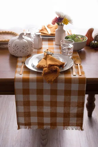 Vista 8 de DII - Colección de mesa con flecos pesados y cuadros, camino de mesa, 14x72 pulgadas, calabaza y especias Naranja