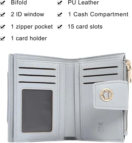 Vista 4 de FOXLOVER Cartera pequeña de piel suave para mujer, con bloqueo RFID, bolsillo con cremallera, tarjetero, con ventana de identificación