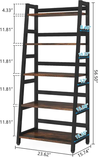 Vista 2 de Tribesigns Estantería industrial de 5 niveles, estante de 5 estantes, escalera, estante de almacenamiento para libros, organizador para sala