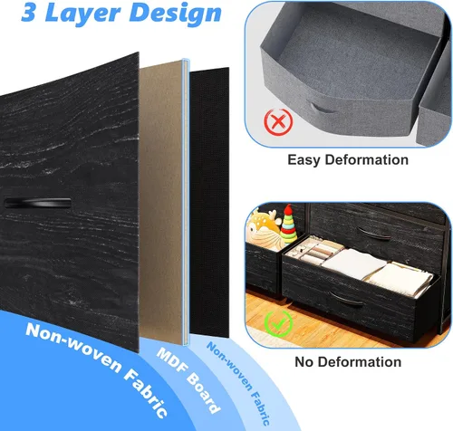 Vista 8 de EnHomee - Cómoda negra de 55 pulgadas de ancho para dormitorio con 10 cajones, LED y tomas de corriente Two Open Shelves for Easy Access, Large