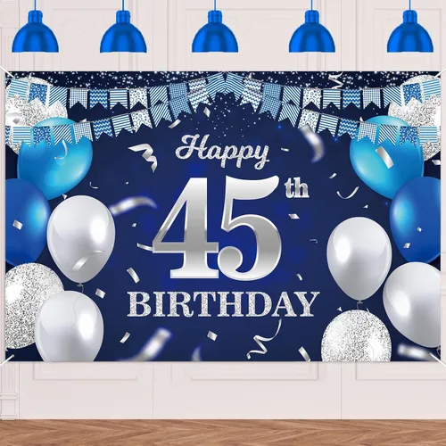 Vista 10 de Bandera de feliz primer cumpleaños con fondo azul marino, globos, confeti, bandera de rayas, luces de puntos, felicitaciones por el tema de 1 año