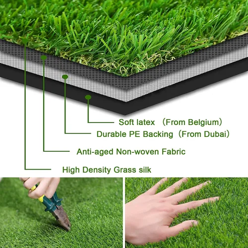Vista 2 de Alfombra de césped artificial de 1.38 pulgadas, 3 x 3 pies, para interiores y exteriores, alfombra de césped artificial resistente de alta densidad