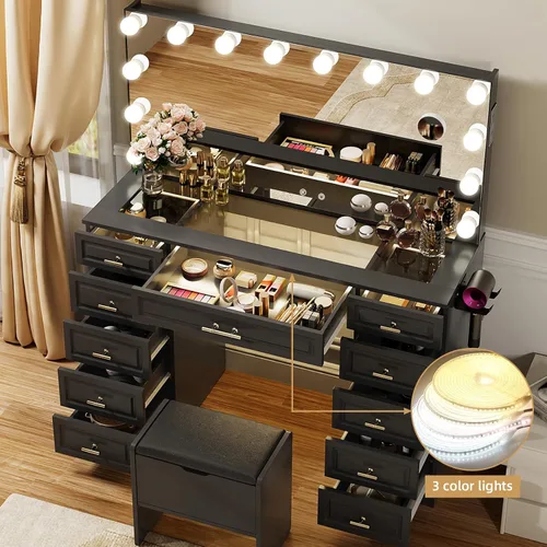 Vista 5 de VOWNER - Tocador con espejo iluminado, escritorio de maquillaje con altavoz Bluetooth Glass Top Vanity with 11 Drawers and 3 Color Lights