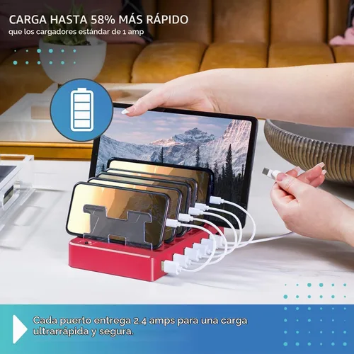 Vista 4 de Estación de carga para múltiples dispositivos – Base de carga USB de 6 puertos para Apple y Android – Organizador de carga múltiple rápida