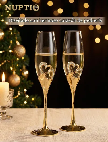 Vista 7 de NUPTIO - Copas de champán de cristal, regalos de boda para parejas, dorado, juego de 2