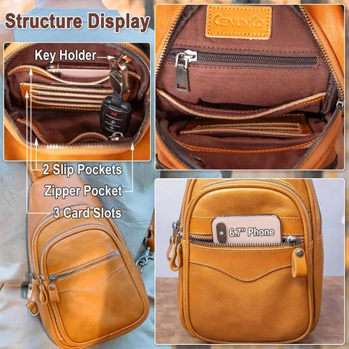 Vista 4 de Bolso bandolera de cuero genuino para hombres y mujeres, bolso de hombro cruzado, mochila de pecho, bolso de mano casual