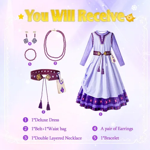 Vista 4 de Brigcalki Wish Asha - Disfraz de princesa para niñas, juego de rol para Halloween, Navidad, fiesta de cumpleaños