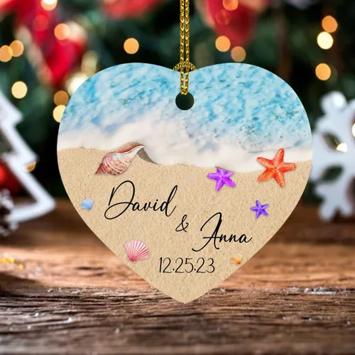 Vista 6 de Just Married - Regalo de recuerdo para recién casados, adorno de boda personalizado en la playa con nombres y fecha