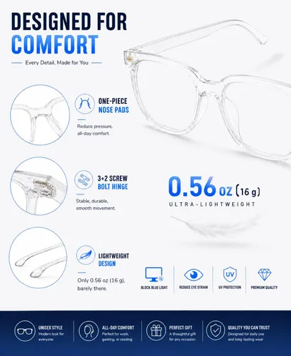 Vista 4 de PANNER Gafas cuadradas de gran tamaño con bloqueo de luz azul antideslumbrante para computadora Transparente