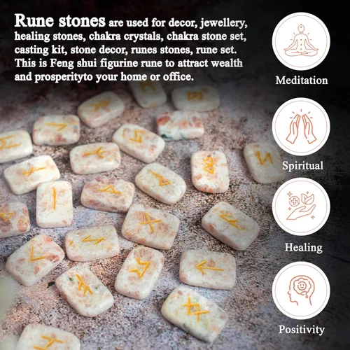 Vista 2 de Crocon Runas de piedras preciosas con forma rectangular de piedra solar con alfabeto de Futhark de élder grabado, juego de 25 runas de cristal