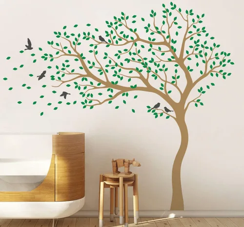 Vista 3 de Vinilo decorativo para pared de árbol grande con pájaros y hojas que soplan en el viento, adhesivo mural de bosque